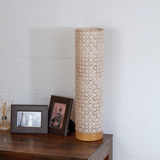 Flat Round Oak Table Lamp with 15cm x 60cm Lampshade in P74 - Batik Natural Circles