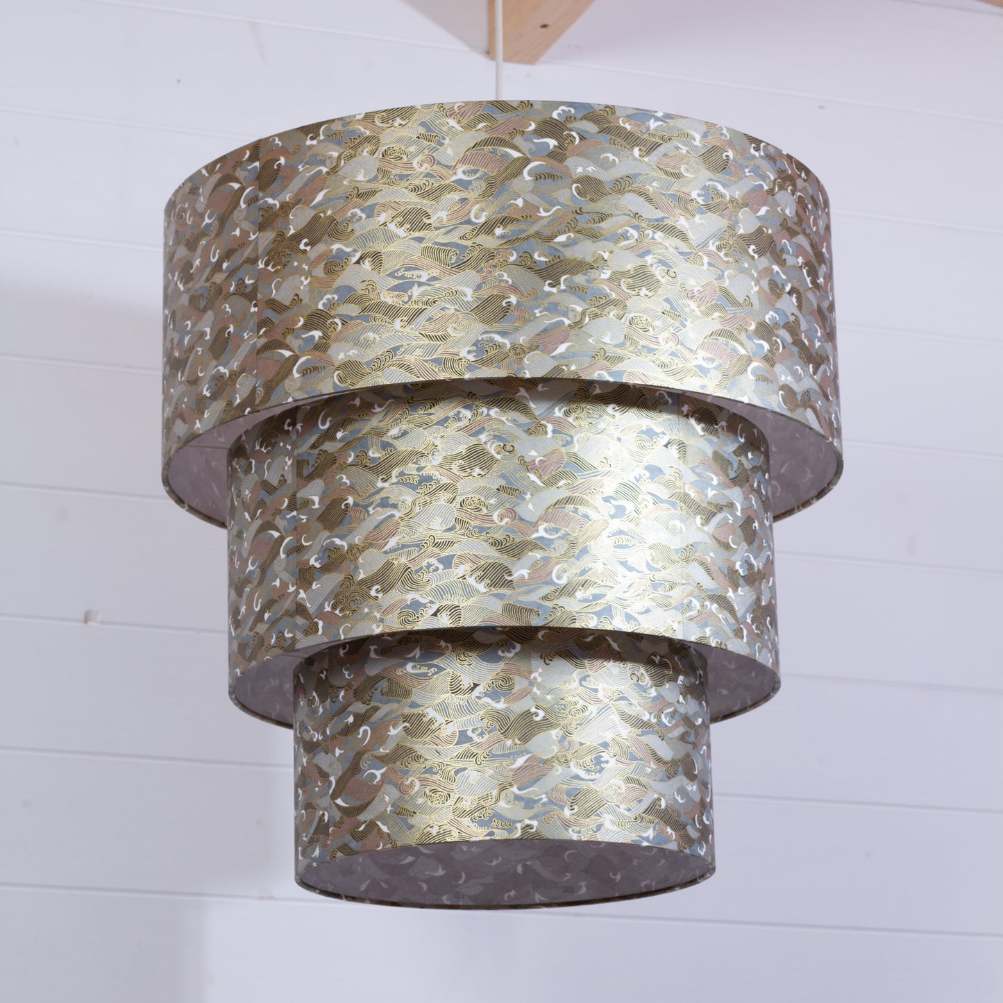 3 Tier Lamp Shade - W03 - Gold Waves on Greys, 50cm x 20cm, 40cm x 17.5cm & 30cm x 15cm