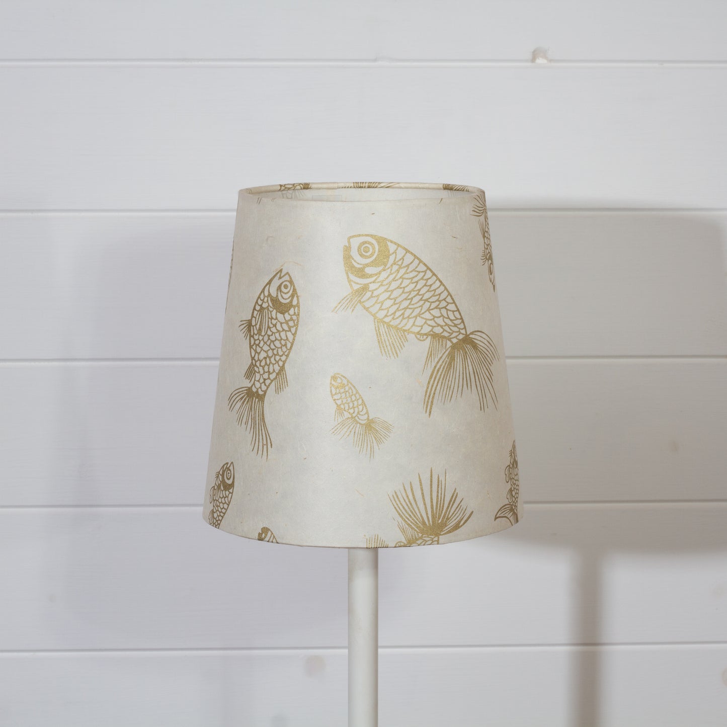 Conical Lamp Shade P40 - Gold Fish Screen Print on Natural Lokta, 15cm(top) x 20cm(bottom) x 20cm(height)