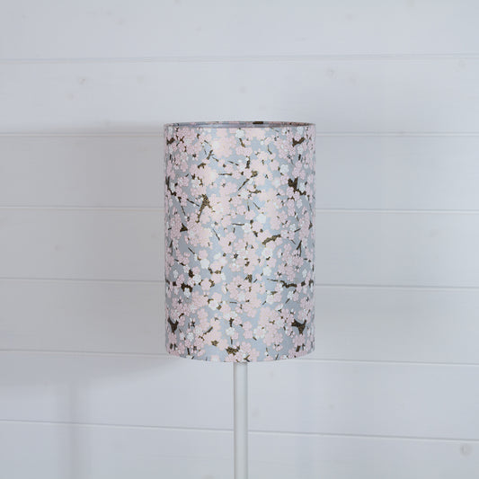 Drum Lamp Shade - W02 ~ Pink Cherry Blossom on Grey, 20cm(d) x 30cm(h)
