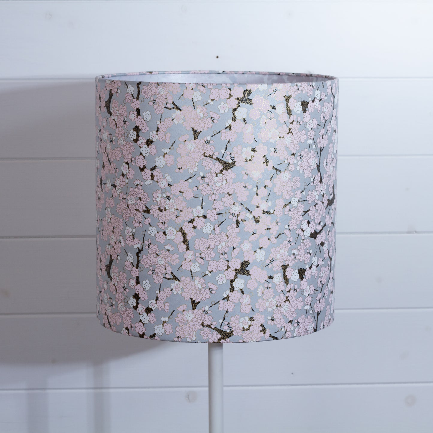 Drum Lamp Shade - W02 ~ Pink Cherry Blossom on Grey, 30cm(d) x 30cm(h)