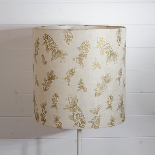 Drum Lamp Shade - P40 - Gold Fish Screen Print on Natural Lokta, 40cm(d) x 40cm(h)
