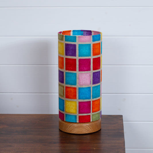 Flat Round Oak Table Lamp with 15cm x 30cm Lampshade in P01 - Batik Multi Square