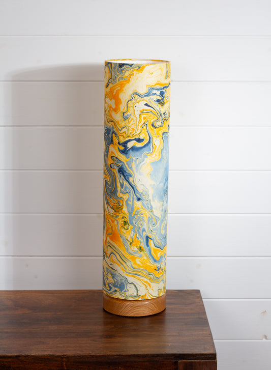 Flat Round Oak Table Lamp with 15cm x 60cm Lampshade in B139 ~ Coastline Marble