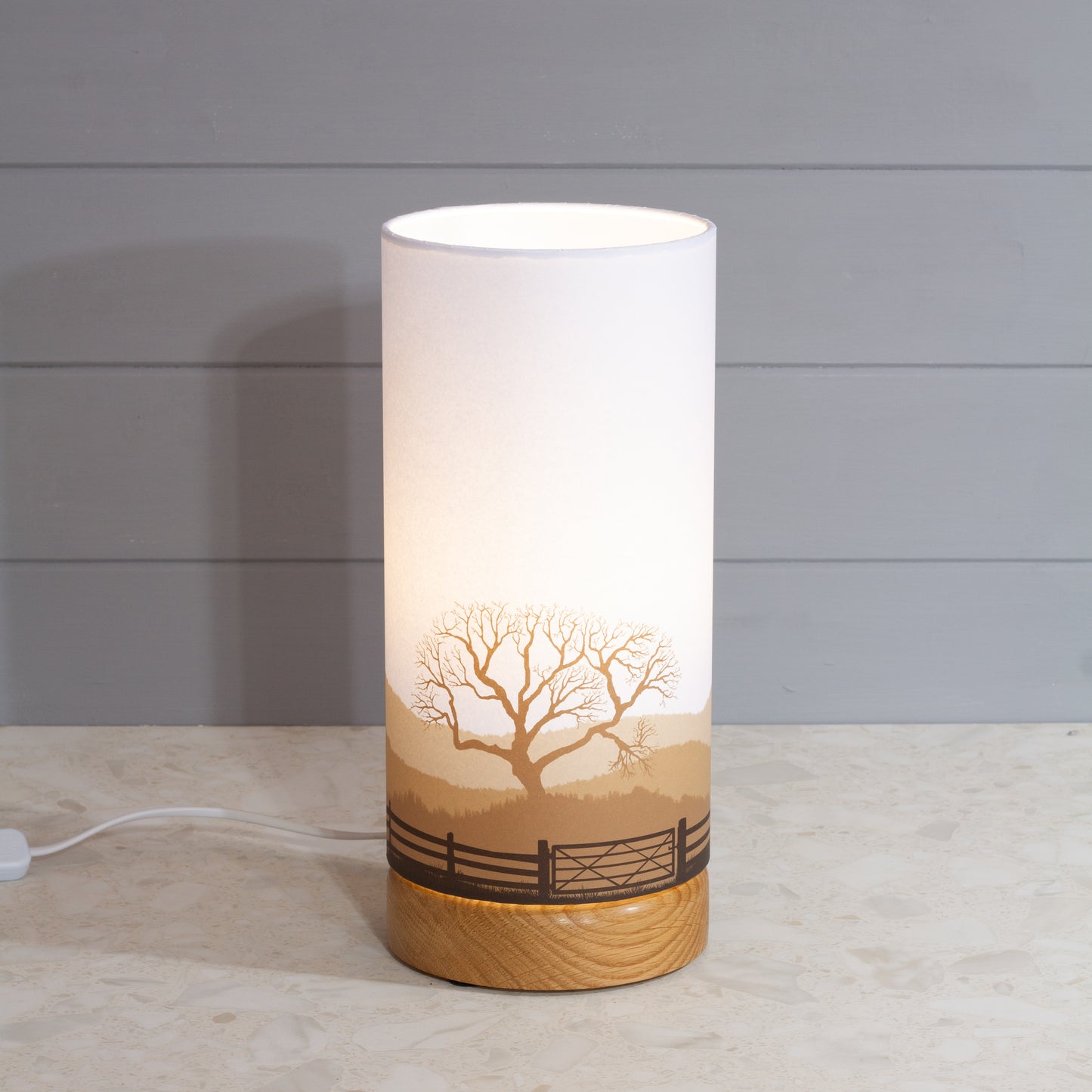 Landscape Gate Print, Flat Oak Table Lamp with Drum Shade (15x30cm) ~ 9 Colour options
