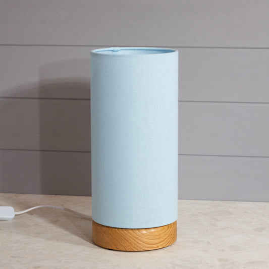 Round Oak Table Lamp (15cm) with 15cm x 30cm Drum Lampshade in F190 ~ Baby Blue Linen