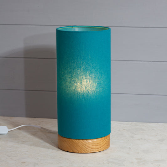 Round Oak Table Lamp (15cm) with 15cm x 30cm Drum Lampshade in F185 ~ Teal Linen Fabric