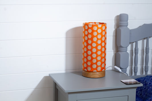 Flat Round Oak Table Lamp with 15cm x 30cm Lampshade in B110 ~ Batik Dots on Orange