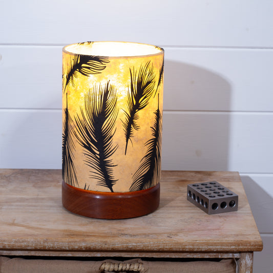Flat Round Sapele Table Lamp with 15cm x 20cm Lampshade in B102 - Black Feathers