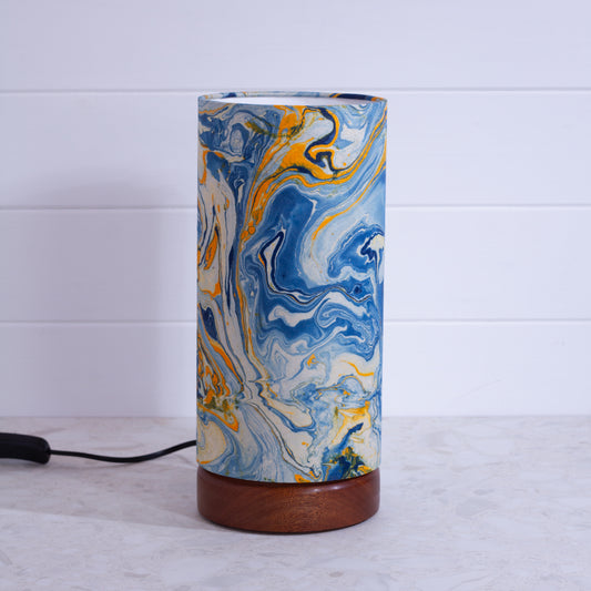 Flat Round Sapele Table Lamp with 15cm x 30cm Lampshade in B139 ~ Coastline Marble
