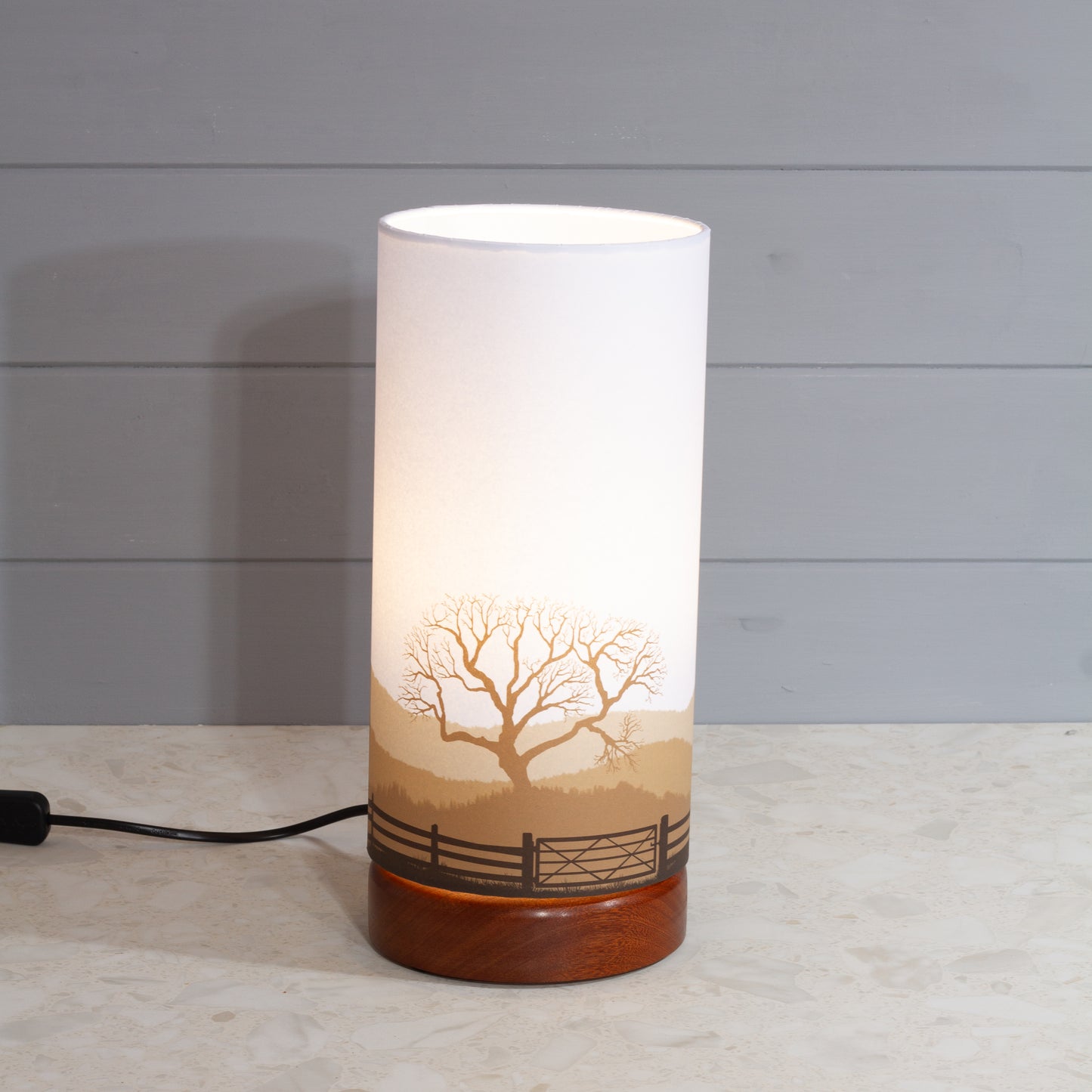 Landscape Gate Print, Flat Sapele Table Lamp with Drum Shade (15x30cm) ~ 9 Colour options