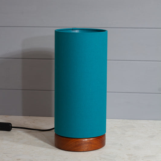Round Sapele Table Lamp (15cm) with 15cm x 30cm Drum Lampshade in F185 ~ Teal Linen Fabric