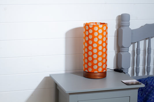 Flat Round Sapele Table Lamp with 15cm x 30cm Lampshade in B110 ~ Batik Dots on Orange