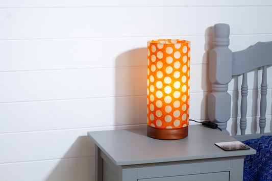 Flat Round Sapele Table Lamp with 15cm x 30cm Lampshade in B110 ~ Batik Dots on Orange