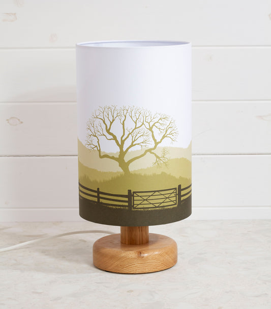 Round Oak Table Lamp with 20cm x 30cm Lamp Shade in Landscape Gate Yellow