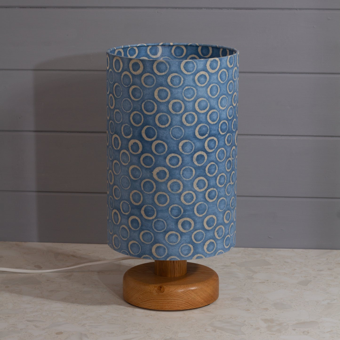 Round Oak Table Lamp (15cm) with 20cm x 30cm Drum Lampshade in P72 - Batik Blue Circles