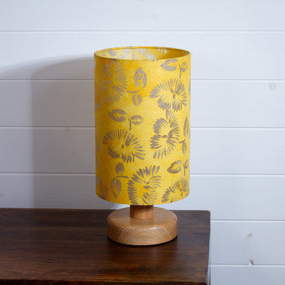 Round Oak Table Lamp (15cm) with 20cm x 30cm Drum Lampshade in B120 Batik Peony Yellow