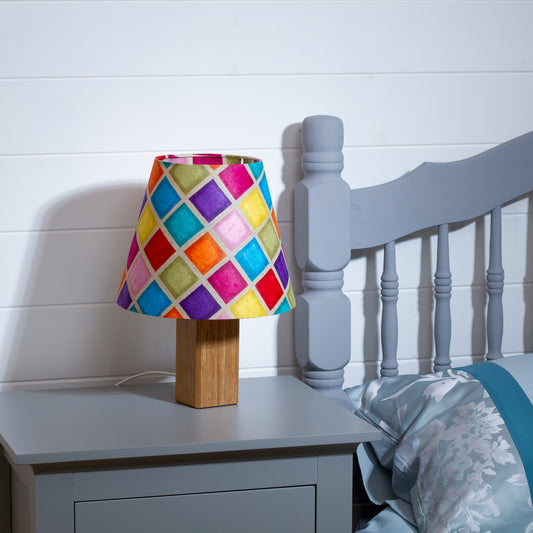 Square Oak Table Lamp with 20cm Conical Lamp Shade P01 Offset Batik Mutli Square
