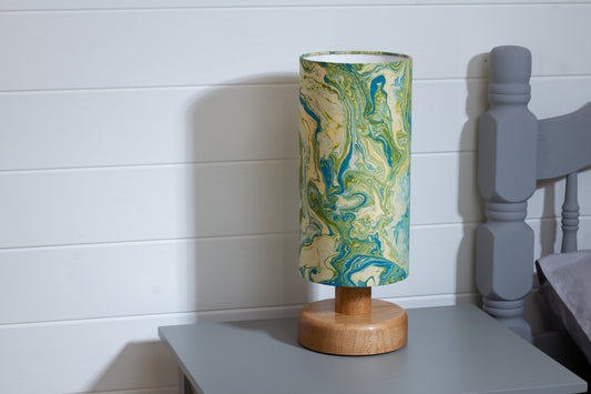 Round Oak Table Lamp (15cm) with 15cm x 30cm Drum Lampshade in B133 ~ Atlas Marble