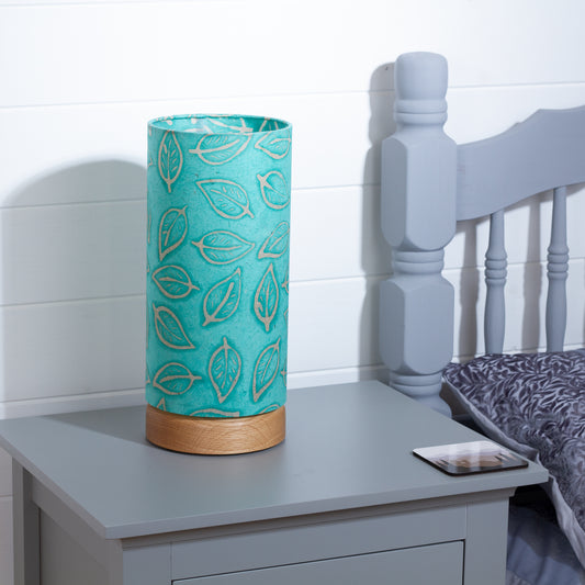 Flat Round Oak Table Lamp with 15cm x 30cm Lampshade in B138 ~ Batik Leaf Sea Foam