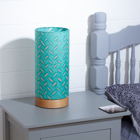 Flat Round Oak Table Lamp with 15cm x 30cm Lampshade in P93 ~ Batik Tread Plate Seafoam