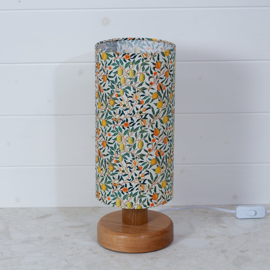 Round Oak Table Lamp (15cm) with 15cm x 30cm Drum Lampshade in F110 ~ William Morris Fruits