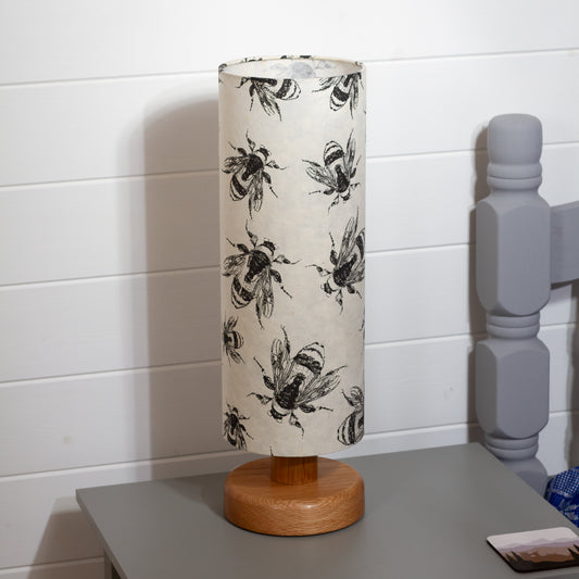 Round Oak Table Lamp (15cm) with 15cm x 40cm Drum Lampshade in P42 - Bees Screen Print