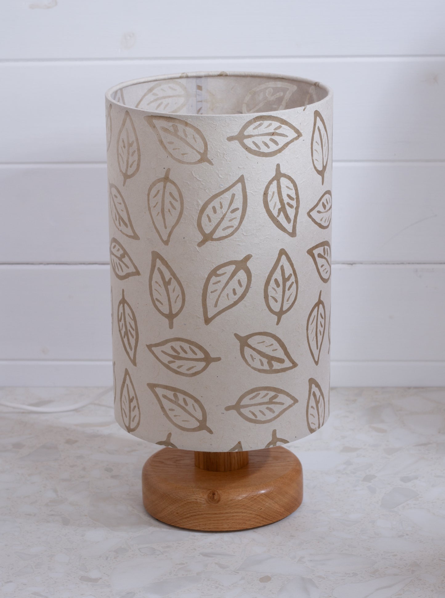 Round Oak Table Lamp (15cm) with 20cm x 30cm Drum Lampshade in (P28) Batik Leaf on Natural