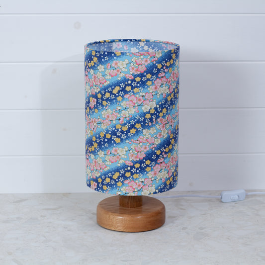 Round Oak Table Lamp (15cm) with 20cm x 30cm Drum Lampshade in F120 ~ Cherry Blossom Blues Fabric