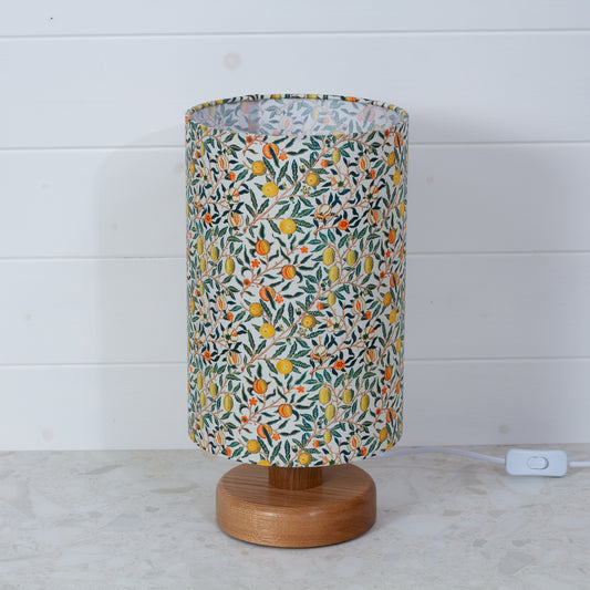 Round Oak Table Lamp (15cm) with 20cm x 30cm Drum Lampshade in F110 ~ William Morris Fruits