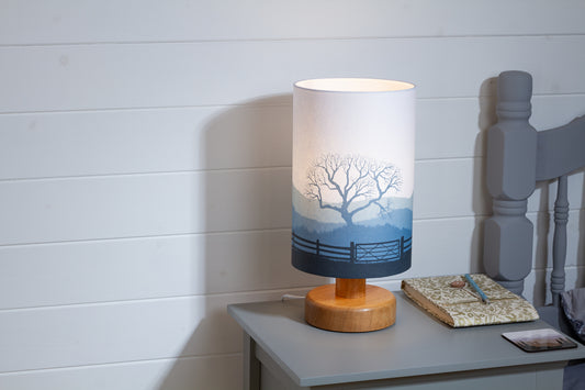 Round Oak Table Lamp with 20cm x 30cm Lamp Shade in Landscape Gate Blue