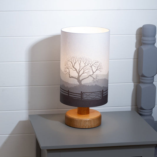Round Oak Table Lamp with 20cm x 30cm Lamp Shade in Landscape Gate Grey