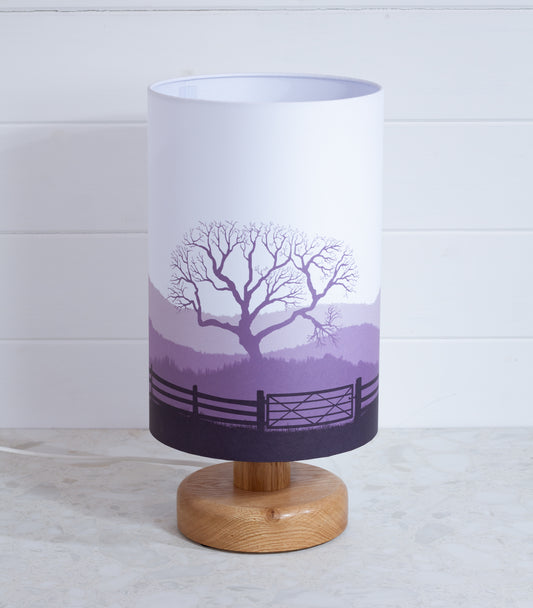 Round Oak Table Lamp with 20cm x 30cm Lamp Shade in Landscape Gate Purple