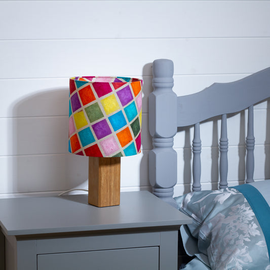 Square Oak Table Lamp with 20cm Drum Lamp Shade P01 Offset Batik Mutli Square