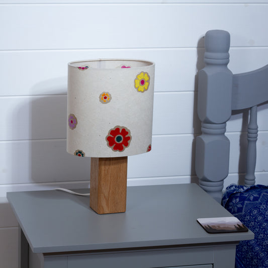 Square Oak Lamp Base with Oval Lamp shade in P35 - Batik Multi Flower on Natural