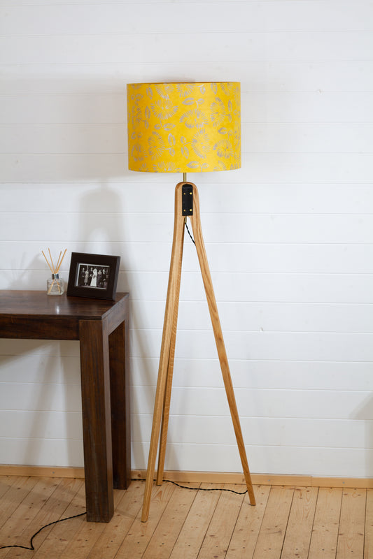 Oak Tripod Floor Lamp - B120 Batik Peony Yellow