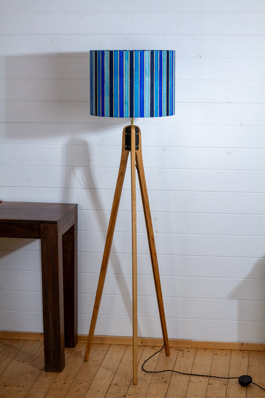 Oak Tripod Floor Lamp - P05 - Batik Stripes Blue