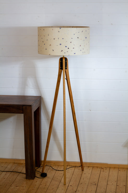 Oak Tripod Floor Lamp - P34 - Cornflower Petals on Natural Lokta