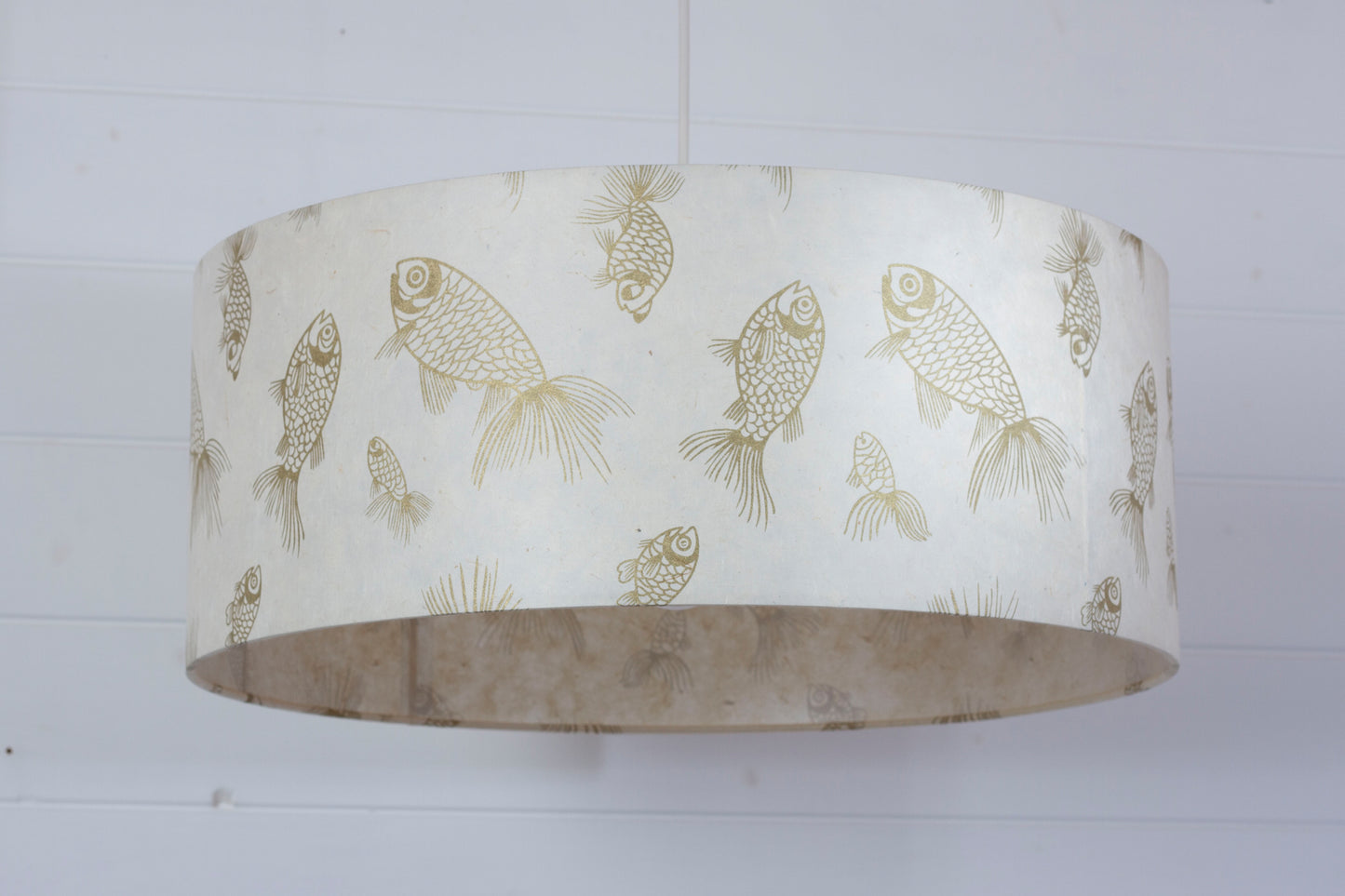 Drum Lamp Shade - P40 - Gold Fish Screen Print on Natural Lokta, 50cm(d) x 20cm(h)