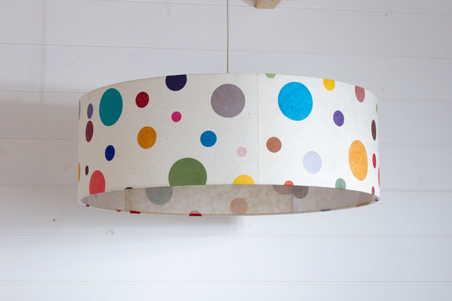 Drum Lamp Shade - P39 - Polka Dots on Natural Lokta, 60cm(d) x 20cm(h)