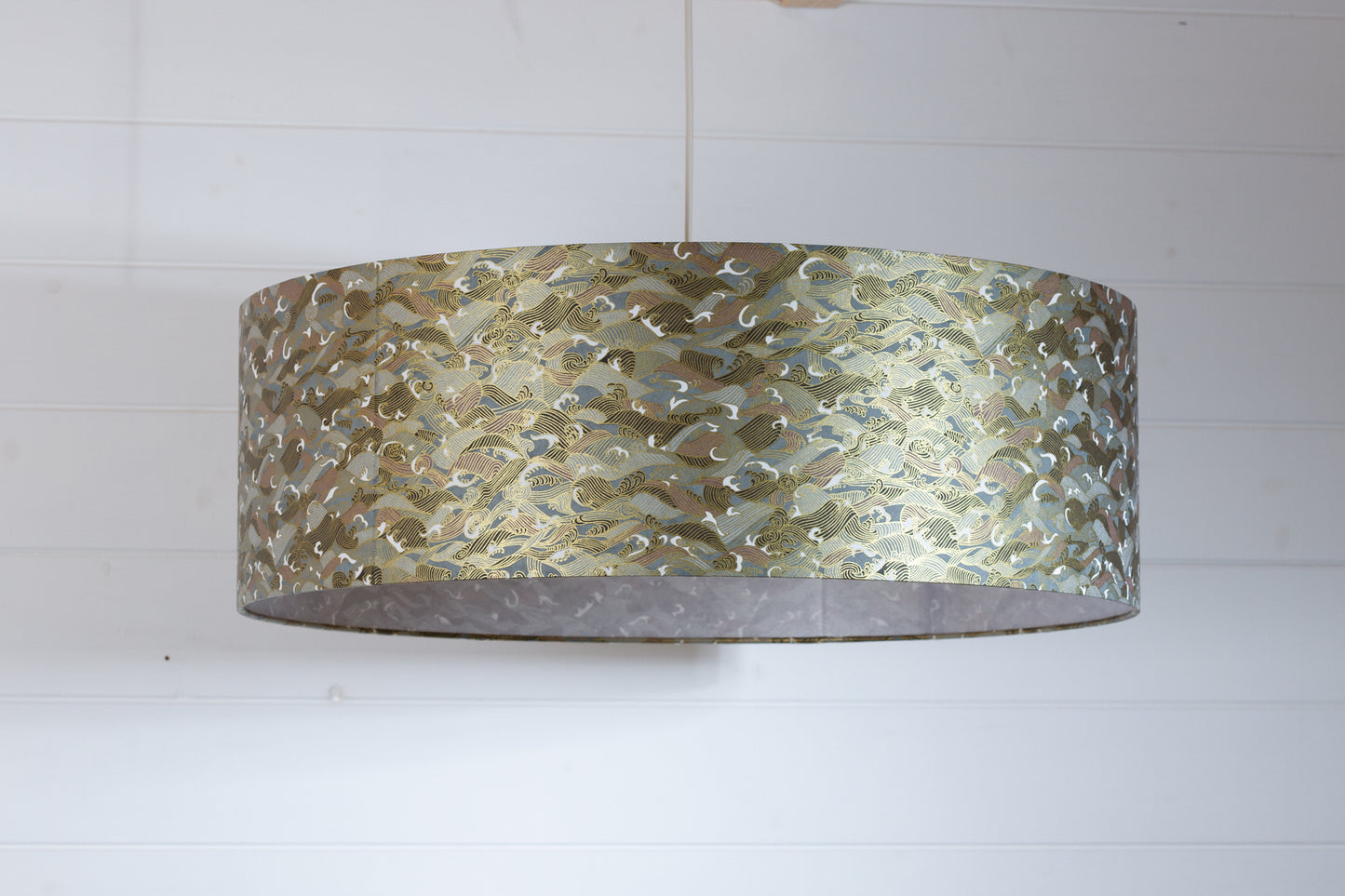 Drum Lamp Shade - W03 - Gold Waves on Greys, 60cm(d) x 20cm(h)