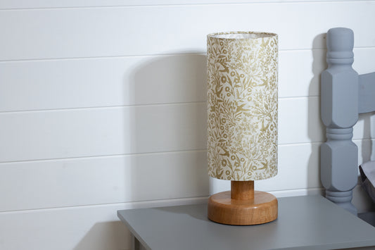 Round Oak Table Lamp (15cm) with 15cm x 30cm Drum Lampshade in B135 ~ Gold Birds