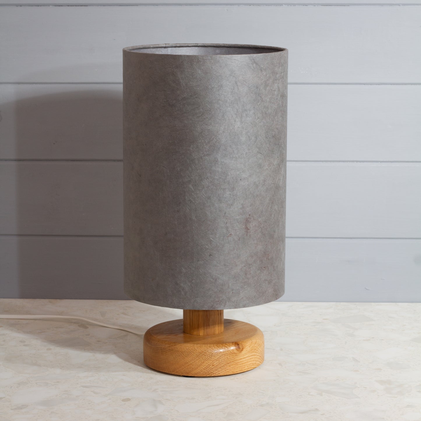 Round Oak Table Lamp (15cm) with 20cm x 30cm Drum Lampshade in P53 - Pewter Grey