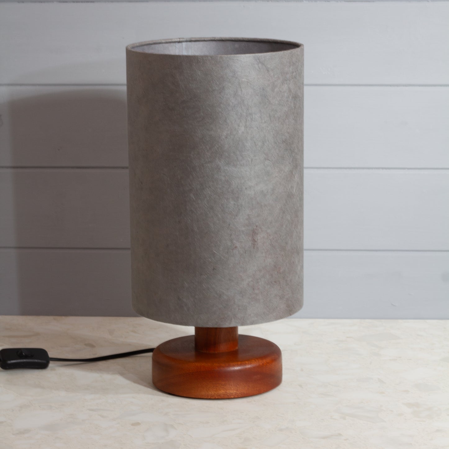 Round Sapele Table Lamp (15cm) with 20cm x 30cm Drum Lampshade in P53 - Pewter Grey
