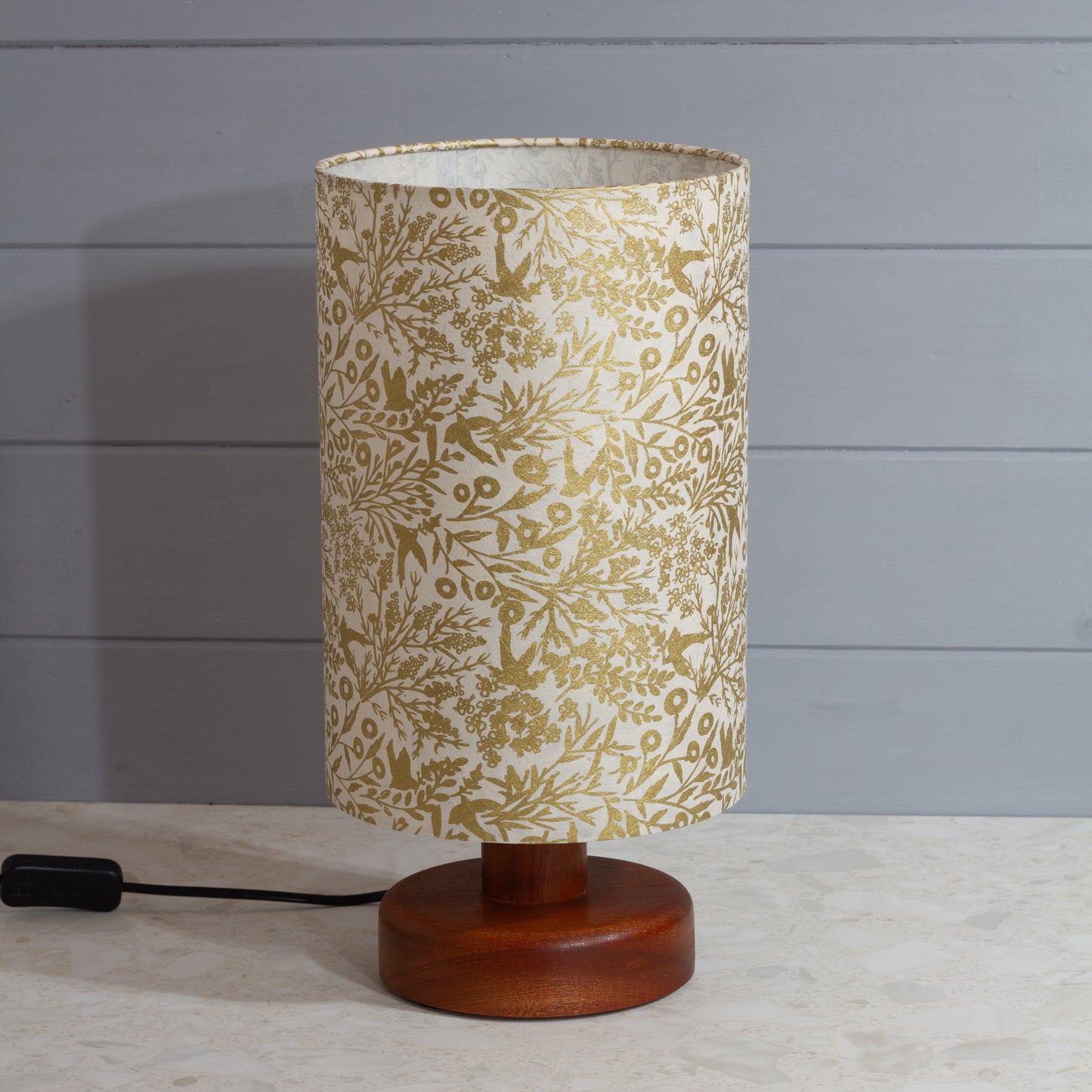 Round Sapele Table Lamp (15cm) with 20cm x 30cm Drum Lampshade in B135 ~ Gold Birds