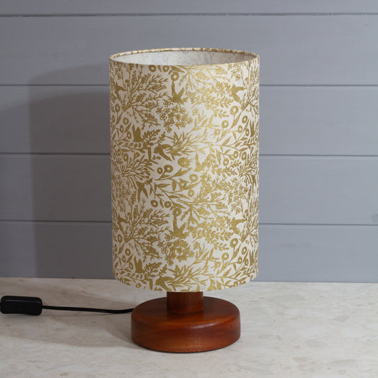 Round Sapele Table Lamp (15cm) with 20cm x 30cm Drum Lampshade in B135 ~ Gold Birds