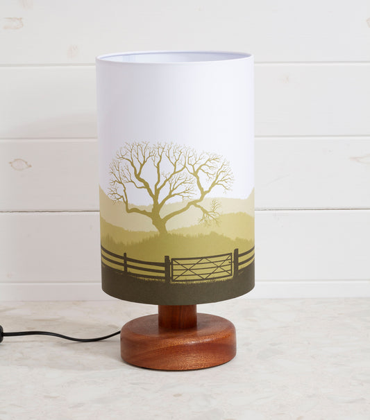 Round Sapele Table Lamp with 20cm x 30cm Lamp Shade in Landscape Gate Yellow