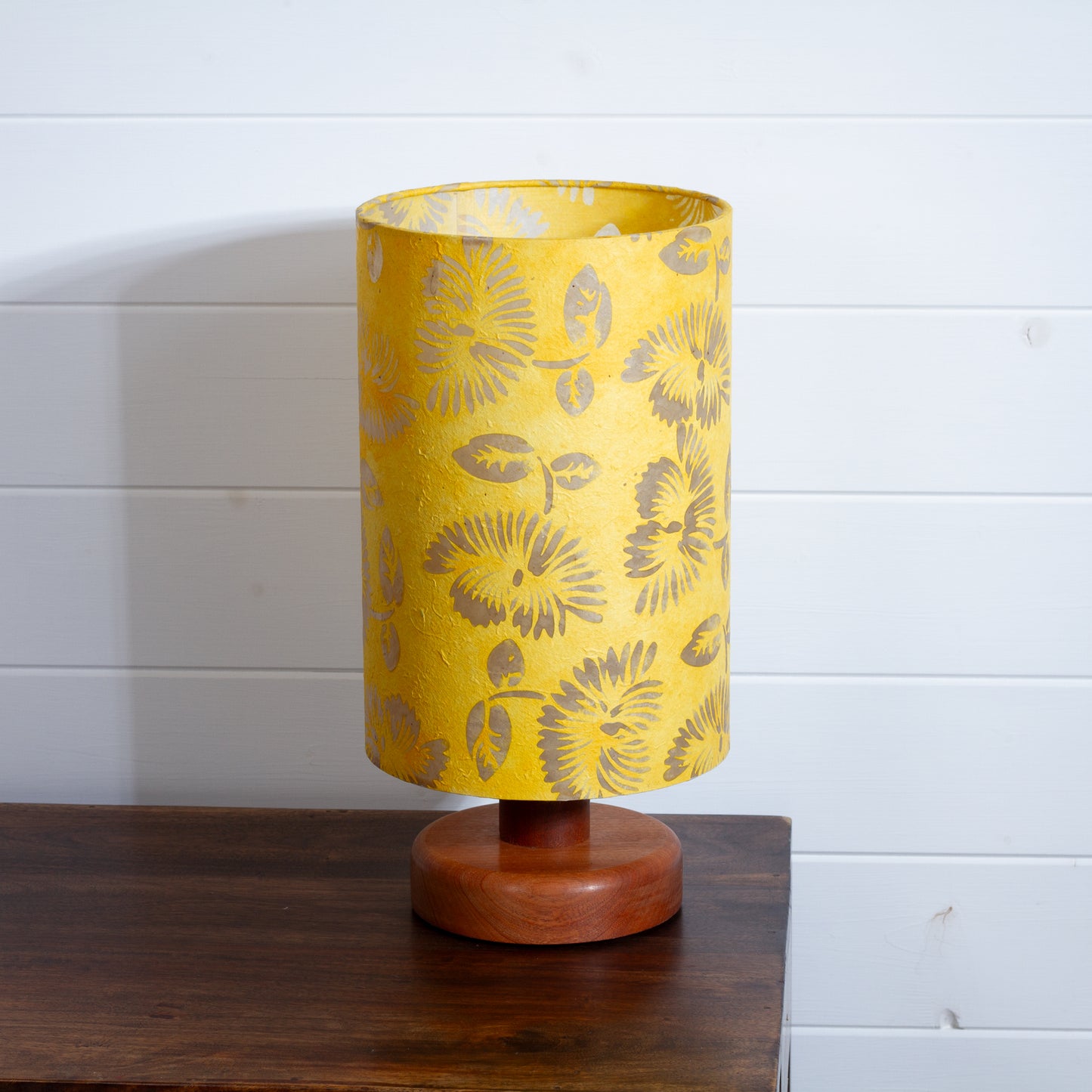 Round Sapele Table Lamp (15cm) with 20cm x 30cm Drum Lampshade in B120 Batik Peony Yellow