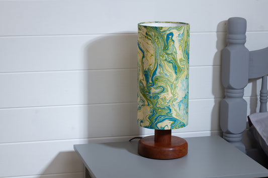 Round Sapele Table Lamp (15cm) with 15cm x 30cm Drum Lampshade in B133 ~ Atlas Marble
