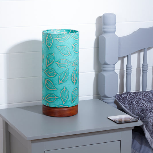 Flat Round Sapele Table Lamp with 15cm x 30cm Lampshade in B138 ~ Batik Leaf Sea Foam